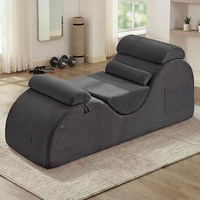 Yoga Chaise Lounge Chair, S-Shaped Floor Sofa with Moveable Headrest, Lumbar Pillow, Support Cushion, Footrest, Non-Slip Base, No-Assembly Lounger for Stretching, Meditation & Relaxation (Grey)