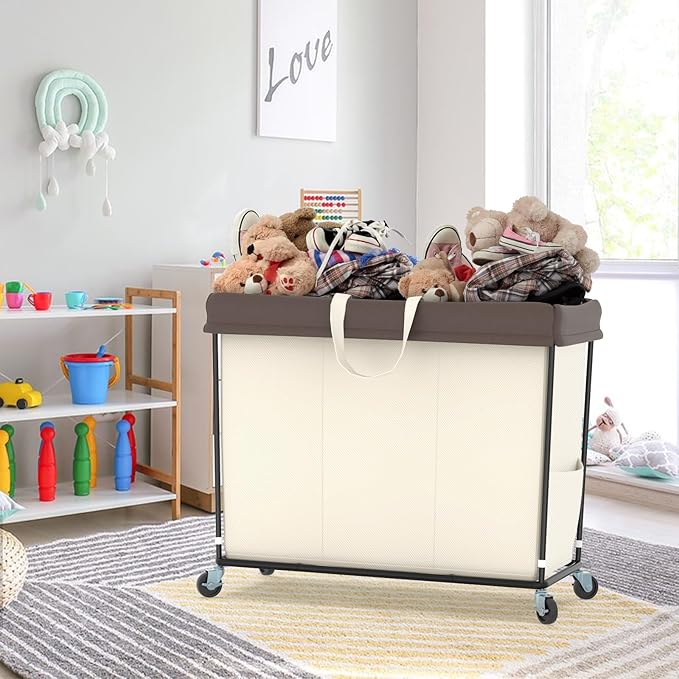 Mefirt 320L Laundry Hamper with Wheels, 3 Section Large Rolling Laundry Basket Bag with Wheels, Clothes Hamper Cart for Laundry, Bedroom, Bathroom and Dorm