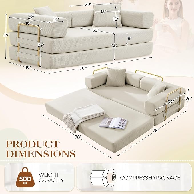 Antetek Convertible Futon Sofa Bed, 3 Seater Modern Corduroy Foam Floor King Size Bed Fold Out Sleeper Lounge Loveseat Sofa Couch with 2 Throw Pillows for Living Room Bedroom Guest Room, Beige