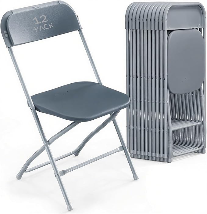 12 Pack Gary Plastic Folding Chair, Indoor Outdoor Portable Stackable Commercial Seat with Steel Frame 350lb. Capacity for Events Office Wedding Party Picnic Kitchen Dining
