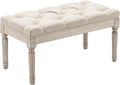 DM Furniture Upholstered Fabric Entryway Bench, Tufted Piano Bench for 2 People, Rubber Wood Legs with Beautiful Carved Pattern for Bedroom/Living Room/Dining Room (Beige)