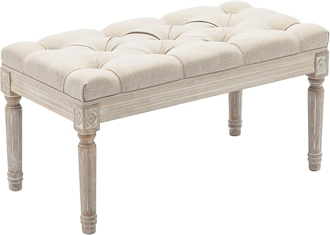 DM Furniture Upholstered Fabric Entryway Bench, Tufted Piano Bench for 2 People, Rubber Wood Legs with Beautiful Carved Pattern for Bedroom/Living Room/Dining Room (Beige)