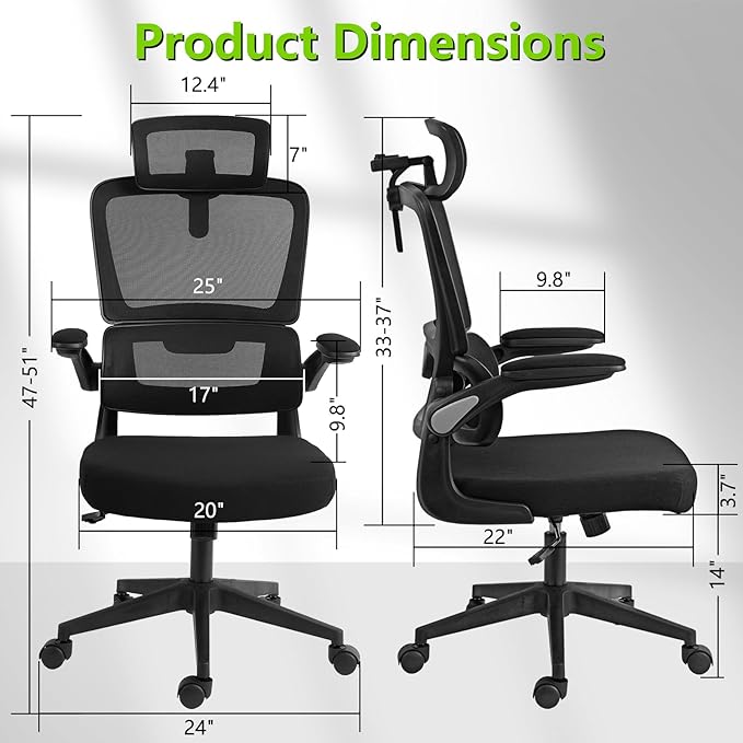 Redragon Ergonomic Office Chair, High Mesh Back Home Desk Chair with Adjustable Headrest, Flip-Up Arms, 90-120° Tilt Rocking and Wide Cushion, Big and Tall Chairs for Man Woman, Black