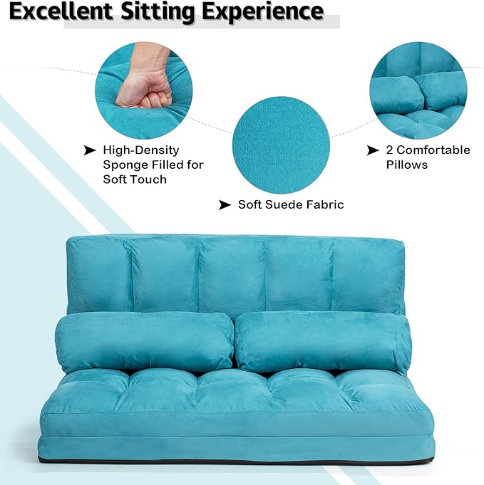 KOMFOTT Adjustable Floor Sofa Bed, Foldable Lazy Sofa Sleeper with 6 Position Backrest & 2 Pillows, Convertible Futon Couch with Suede Cloth Cover, Lounge Recliner for Living Room