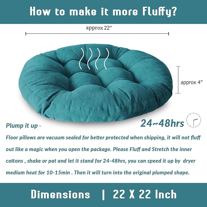 Round Floor Seat Pillows Cushions 22" x 22", Soft Thicken Yoga Meditation Cushion Pouf Tufted Corduroy Tatami Floor Pillow Reading Cushion Chair Pad Casual Seating for Adults & Kids, Turquoise