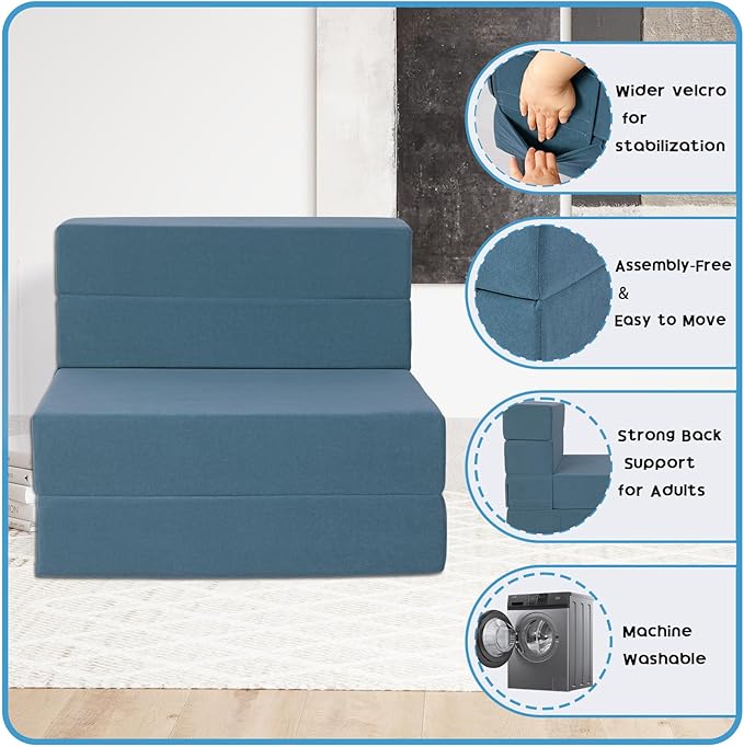 Folding Sofa Bed with Backrest 4 in 1 Convertible Sleeper Chair Memory Foam Fold Out Chair Bed Foldable Mattress Portable Floor Futon Sofa Couch for Living Room/Dorm/Guest Room/Home Office