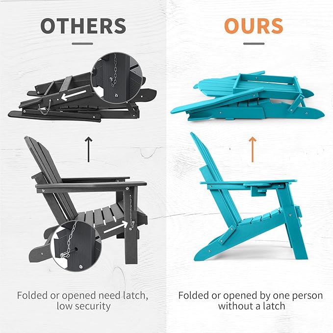 FUNBERRY Folding Adirondack Chair Set of 6, All Weather HDPE Fire Pit Chairs with Cup Holder for Outdoor