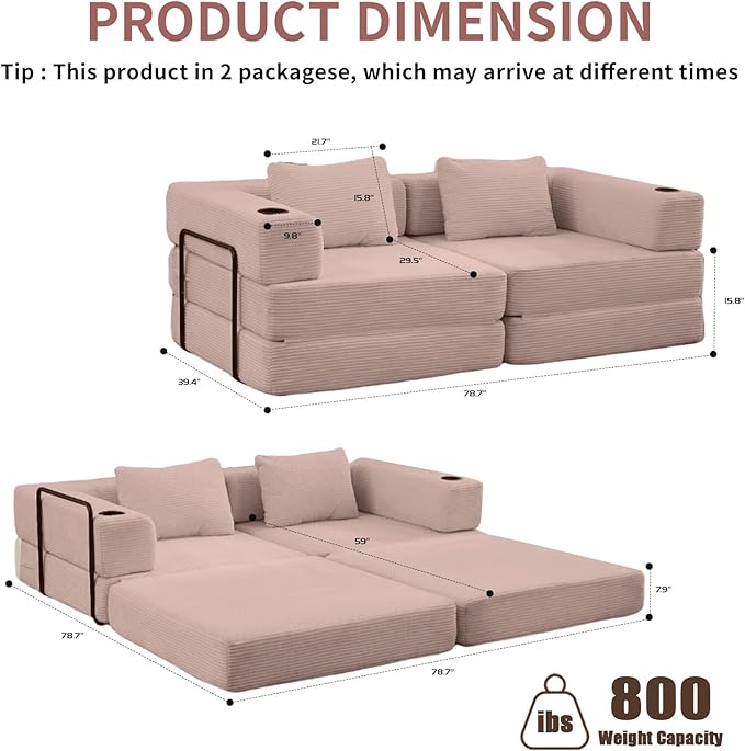 78" Loveseat Sleeper Sofa, 4 in 1 Convertible Floor Sofa Bed, Boneless Cloud Couch with Cup Holder, Fold Out Floor Couch for Living Room Bedroom Lounge, Corduroy, Pink