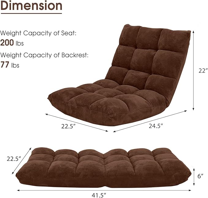 Floor Chair with Back Support, Foldling Gaming Sofa Chair with Comfy Cushion, Adjustable 14-Position Meditation Chairs, Lazy Lounge Recliner Reading Seat for Adults, Kids (Brown)
