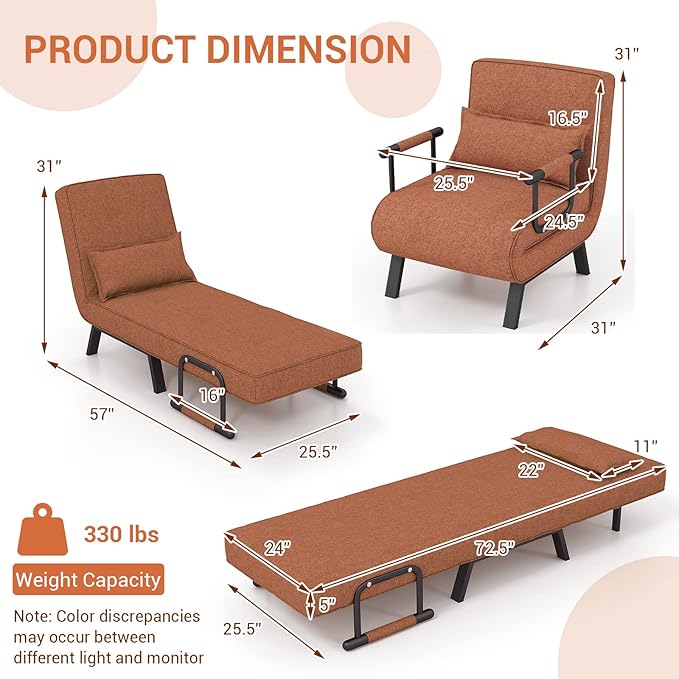 KOMFOTT Convertible Sleeper Chair Bed, 4-in-1 Folding Sofa Bed with 6-Position Adjustable Backrest, Upholstered Chaise Lounge with Removable Pillow, Leisure Recliner Lounge Couch for Home Office