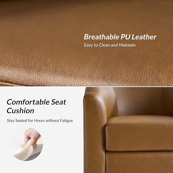 HULALA HOME Faux Leather Swivel Accent Chairs Set of 2 with Solid Wood Base, Round Swivel Barrel Chairs for Living Room and Bedroom, Camel
