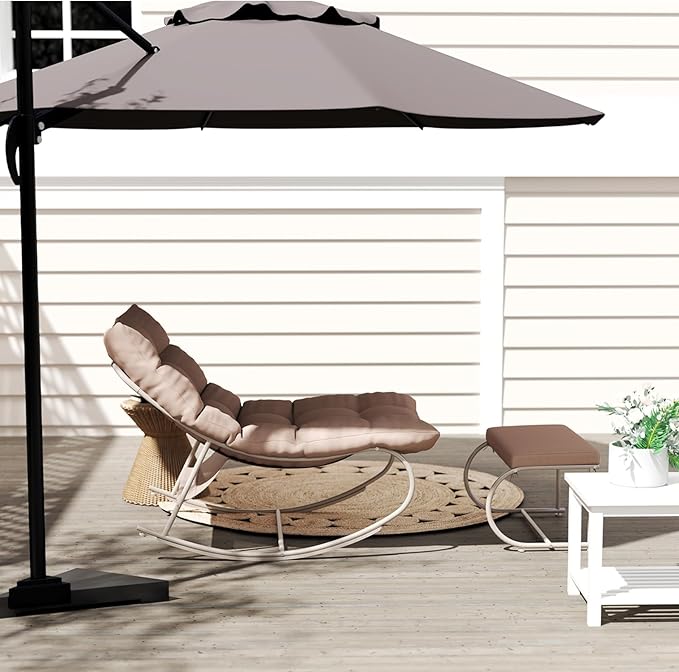 DAYAOUTDOOR Rocking Chair Outdoor Set of 2, Extra Wide Outdoor Chair with Cushion, Patio Rocking Chairs with Ottoman, Patio Papasan Rocking Chairs for Porch, Garden, Lawn, Khaki
