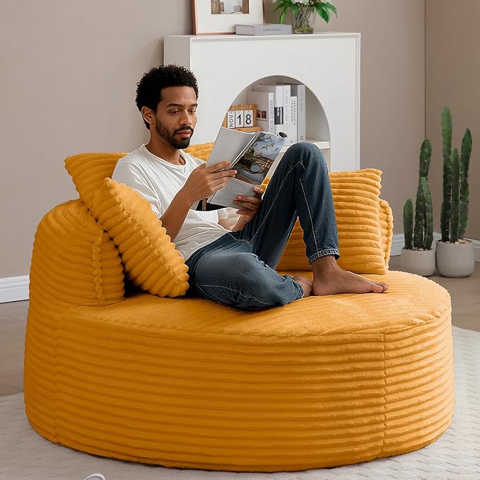 53"W Oversized Round Chaise Longue Chair Indoor,Corduroy Fluffy Comfy Cloud Chair,Circle Bean Bag Sofa with Foam Filling & Pillows,Boneless Reading Cozy Sofa Chairs for Living Room,Bedroom,Yellow