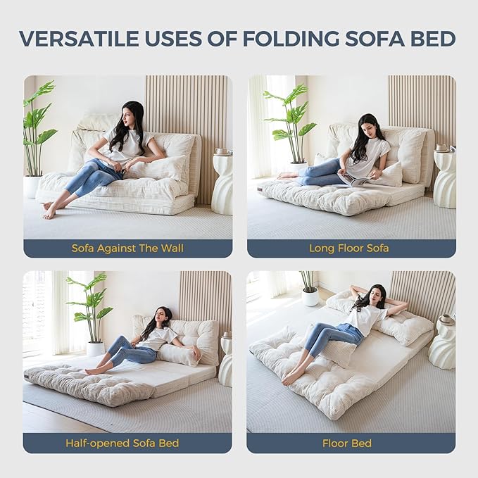 MAXYOYO Bean Bag Bed Tufted Folding Sofa Bed with Pillows Floor Mattress for Adults, Extra Thick and Long Floor Sofa, Full Floor Couch Bed for Bedroom Living Room, Beige, 54x91 Inch