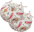 Magpie Fabrics Outdoor Round Bistro Seat Cushions with Ties, 15"x15"x4" Set of 2, Tufted Waterproof Barstool Chair Pads for Patio Home Garden Office, Paisley Beige Red