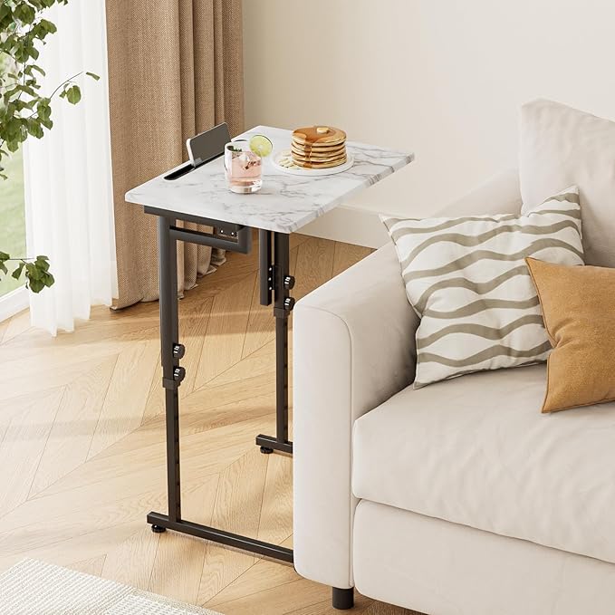 Fleecy day TV Tray, Folding TV Dinner Table, Adjustable Small C-Shaped End Tray for Eating, Foldable Slide Under Couch Side Table for Recliner, Living Room, Bedroom,No Assembly Required(White Marble)