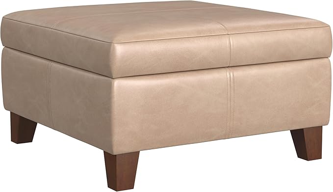 HomePop Faux Leather Square Storage Ottoman with Wood Legs, Sand