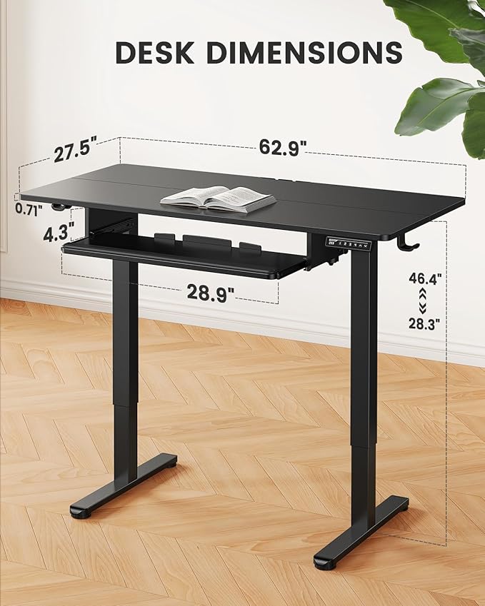 ErGear Large Electric Standing Desk with Keyboard Tray, 63x28 Inches Adjustable Height Sit Stand Up Desk, Home Office Desk Computer Workstation, Black
