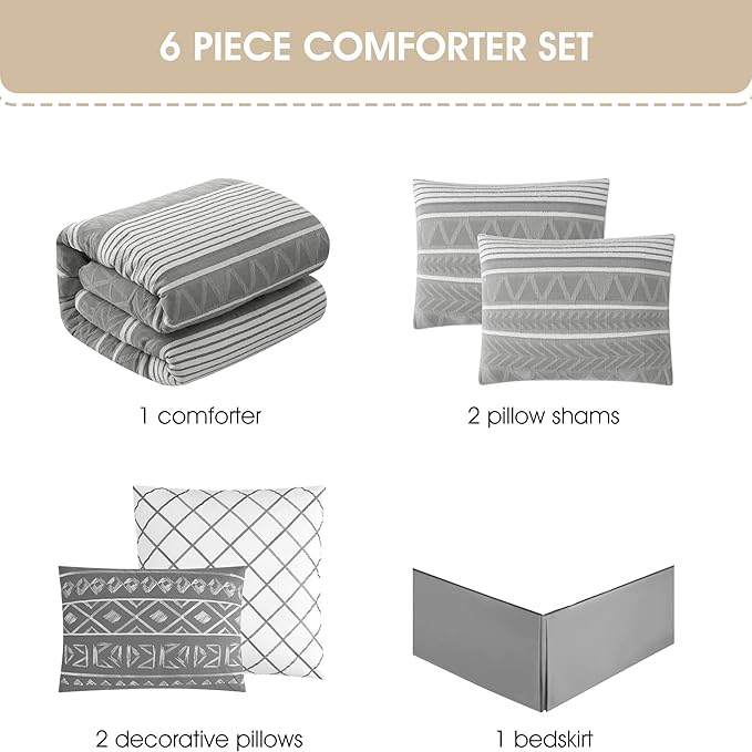 Grand Avenue Cotton Queen Size Comforter Set, 6 Piece, Grey Geometric Jacquard Bedding Set, Bedskirt, Pillows & Shams, Home Decor