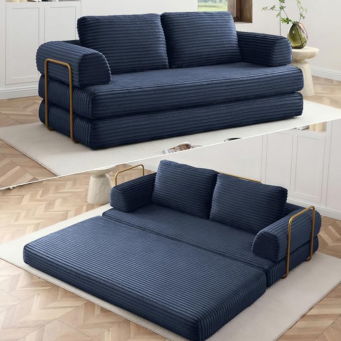 HANXIN 80 Inch Convertible Sleeper Sofa Bed, High Back Plush Corduroy Folding Floor Mattress Couch with Fixed-Shape Frame, Boneless Futon Loveseat with Pull Out Bed, No Assembly Required (Blue)
