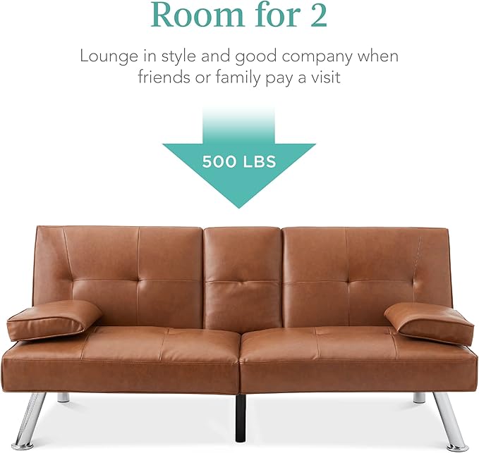 Best Choice Products Faux Leather Upholstered Modern Convertible Futon, Adjustable Folding Sofa Bed, Guest Bed w/Removable Armrests - Tan