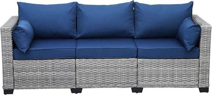 Rattaner Outdoor Furniture Outdoor Couch Grey Wicker Patio Furniture 3-seat Sofa Deep Seat Hight Backrest with Waterproof Cover and Anti-Slip Cushions, Navy Blue