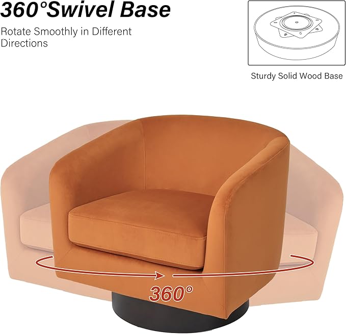 Swivel Barrel Chair, Modern Round PU Leather Accent Armchair for Living Room, Bedroom, Oversized Comfy Club Reading Chairs for Adults (Velvet Orange, Set of 2)