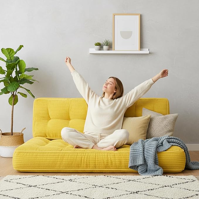 Vercraft 63 Inch Folding Bench Cushion, 4 Inch Thick 2-in-1 Convertible Long Floor Lounger Boneless Cushions Couch Mattress Upholstered for Yoga, Reading, Sleeping, Meditation Living Room(Yellow)