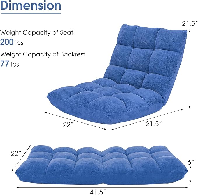 S AFSTAR Cushioned Floor Chair, 14-Position Adjustable Padded Lazy Recliner with Comfortable Back Support and Skin-Friendly Cover, Great for Reading, Playing Game, Meditating (Blue)