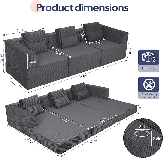 COMAX Futon Sofa Bed 3 Seater, 106" Convertible Sofa Bed Couches for Living Room, 4 in 1 Folding Boneless Sleeper Corduroy Couch Foam in a Box, Comfy Foldable Lounge Fold Out Floor Mattress, Grey