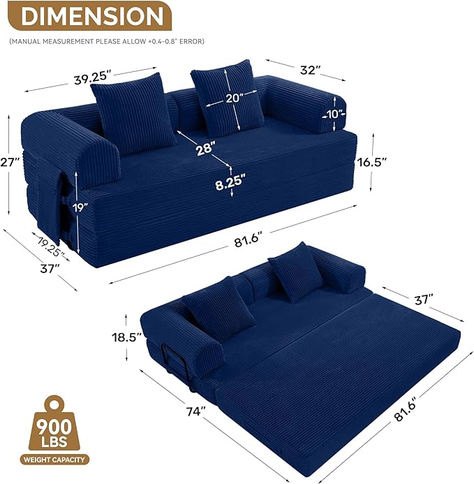 Convertible Corduroy Sleeper Sofa Bed with Cylindrical Pillow, Folding Mattress Couch with Fixed-Shape Frame, Floor Sofa Lounge Couch for Living Room Bedroom Lounge Studio, Blue