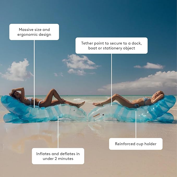 FUNBOY Giant Inflatable Luxury Tri-Color Blue Chaise Lounger, Chair Pool Float for Adults, Perfect for a Summer Pool Party, Bundle Pack of 2