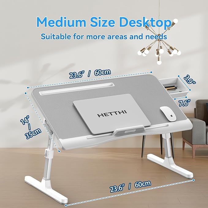Laptop Bed Table, Height & Angle Adjustable Laptop Desk for Bed with Premium Materials, Super Sturdy Foldable Laptop Bed Tray Table with Drawer for Bed Couch Floor (Gray, 23.6"×14")