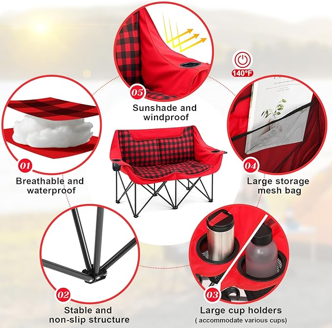 Double Camping Chairs Padded Loveseat Chair for 2 Person, Heavy Duty Oversized Camping Couch for Adults Outdoor Lawn Beach, Portable Folding Sofa with Cup Holders and Carry Bag