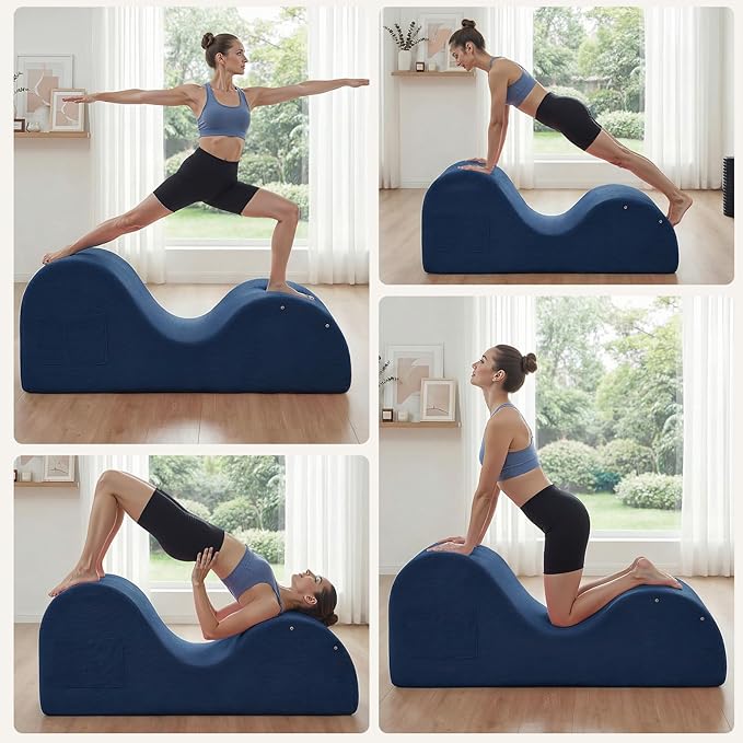 Yoga Chaise Lounge Chair, S-Shaped Floor Sofa with Moveable Headrest, Lumbar Pillow, Support Cushion, Footrest, Non-Slip Base, No-Assembly Lounger for Stretching, Meditation & Relaxation (Blue)