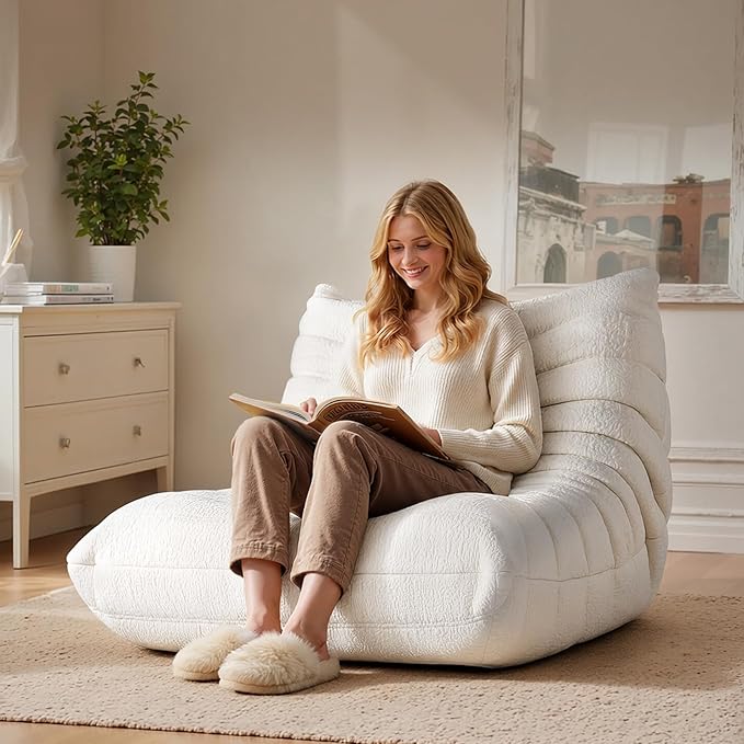 High-end Togo Bean Bag Chair, Fireside Chair with Pure White Jacquard Fabric Cover, Comfy & Soft Lazy Floor Lounge Sofa for Bedroom, Living Room, Office or Salon
