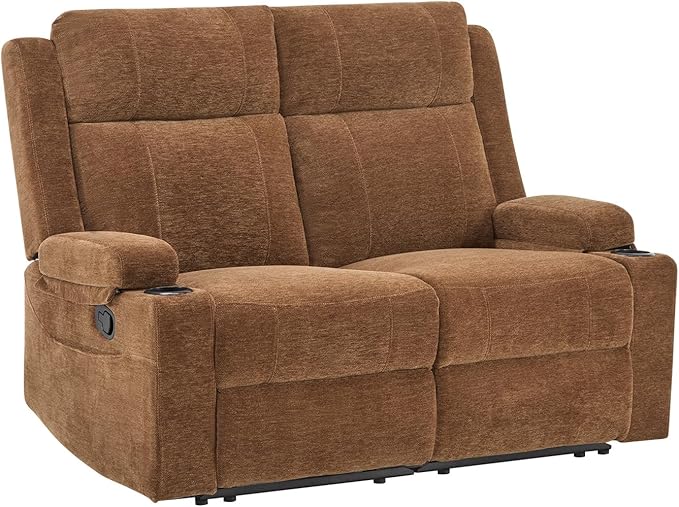 PALLOME Manual Reclining Loveseat Sofa, 2-Seater Recliner Couch with Cup Holders, Fabric Reclining Sofa for Living Room/RV (Brown)