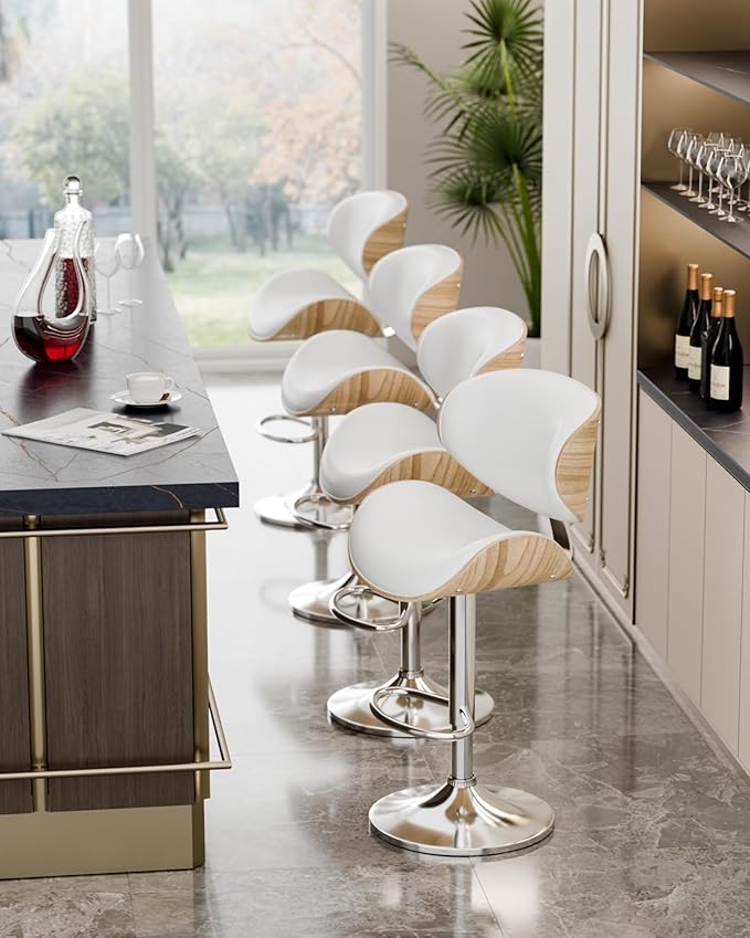 Aowos Bar Stools Set of 2, Adjustable Swivel Leather Bar Stools for Kitchen Island, Mid Century Modern Counter Height Bar Chairs Barstools with Back & Footrest (Cream White)