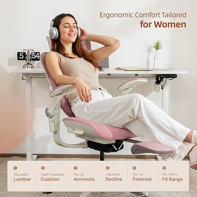 CabLady S2 Petite Ergonomic Office Chair for Women, Small Frame Desk Chair with Adjustable Lumbar, Headrest & Footrest, Space-Saving Flip-Up Armrests