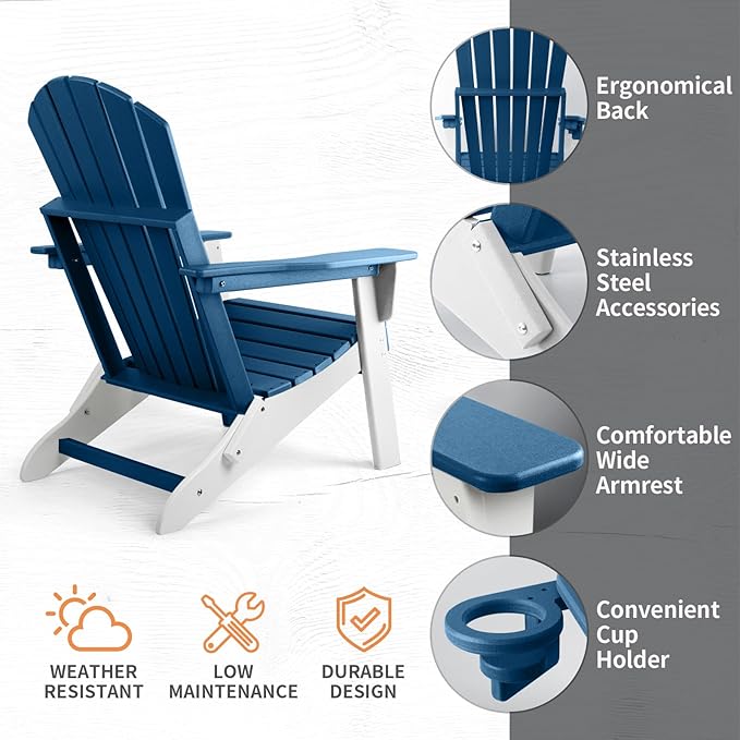 FUNBERRY Folding Adirondack Chair Set of 3, All Weather HDPE Fire Pit Chairs with Cup Holder for Outdoor