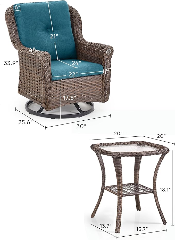 ACTREST 3 Piece Patio Swivel Chairs and Side Table Set - High Back Outdoor Brown Wicker Rattan Rocking Glider with Thick Cushions for Porch Apartment Deck Yard Poolside Garden - Peacock Blue