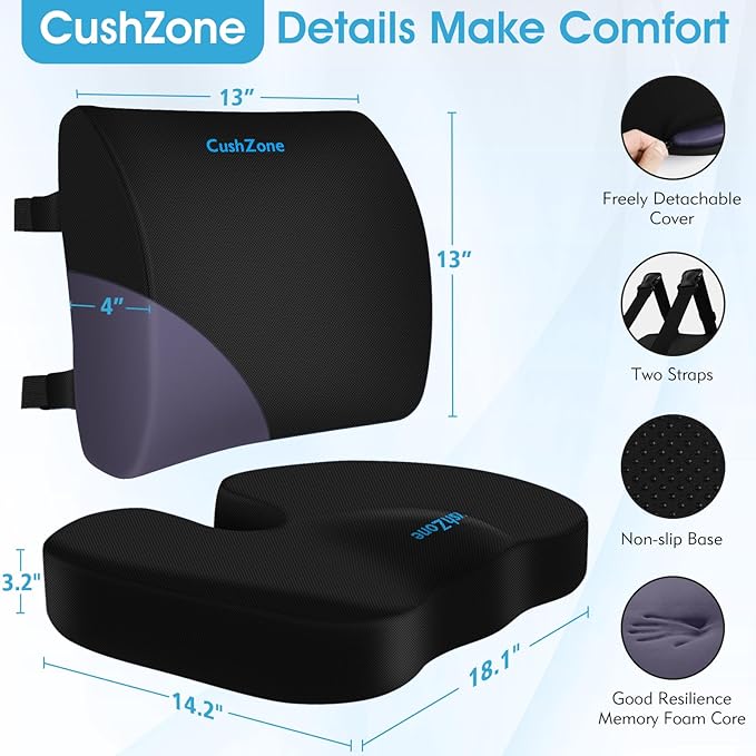 Seat Cushion, Lumbar Support Pillow with Adjustable Strap-Chair Cushions for Sciatica Pain Relief-with Washable Cover Memory Foam for Car, Travel and Wheelchair-Black