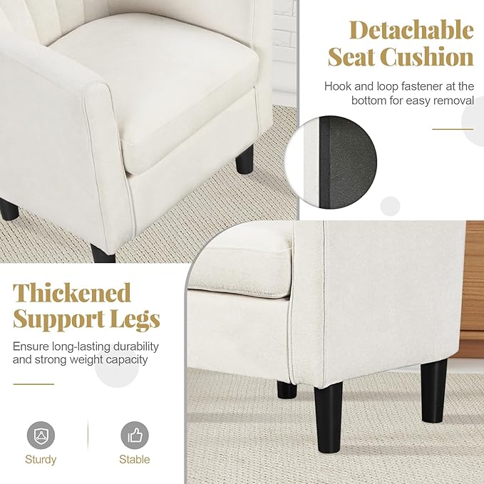 GOFLAME Accent Chair with Ottoman, Modern Teddy Velvet Barrel Chair with Footrest, Curved Backrest, Removable Seat Cushion, Upholstered Club Tub Sofa, Reading Armchair for Living Room, Bedroom, Beige