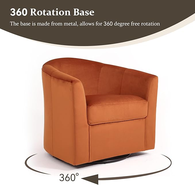DREAMSIDEA Swivel Accent Chair, Upholstered Velvet Barrel Armchair, Modern Round Single Sofa Seating Comfy Reading Corner Chairs for Living Room Bedroom, Fully Assembled (Velvet Orange, Set of 1)