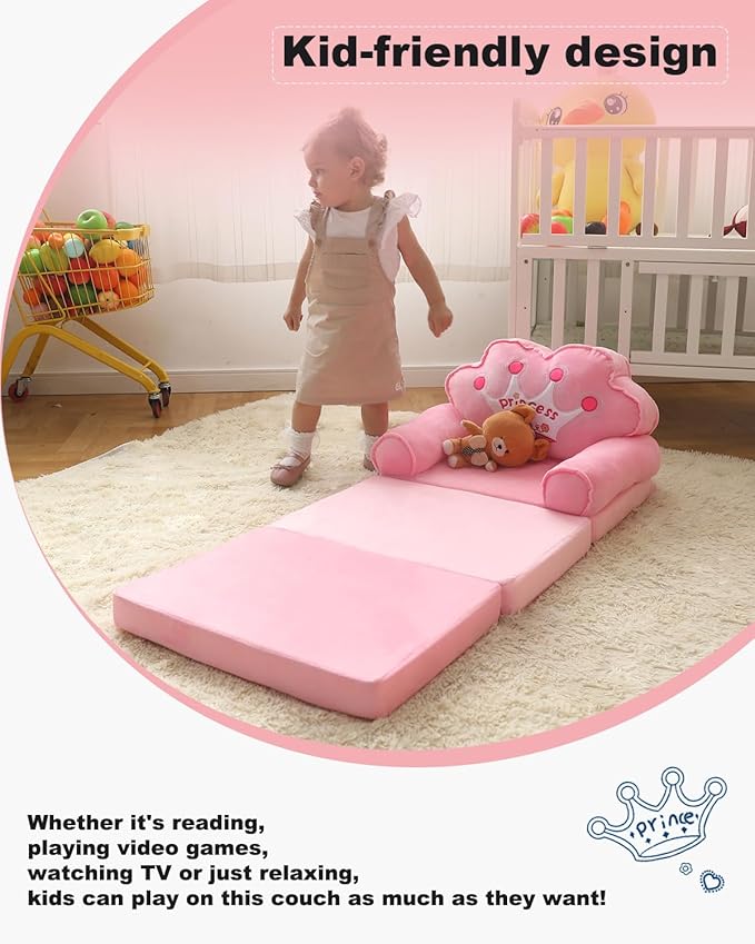 MOONBEEKI Kids Couch Fold Out, Foldable Princess Chair for Toddlers 1-3, Kids Furniture for Playroom, Gift for Birthday Christmas and Halloween（Pink）