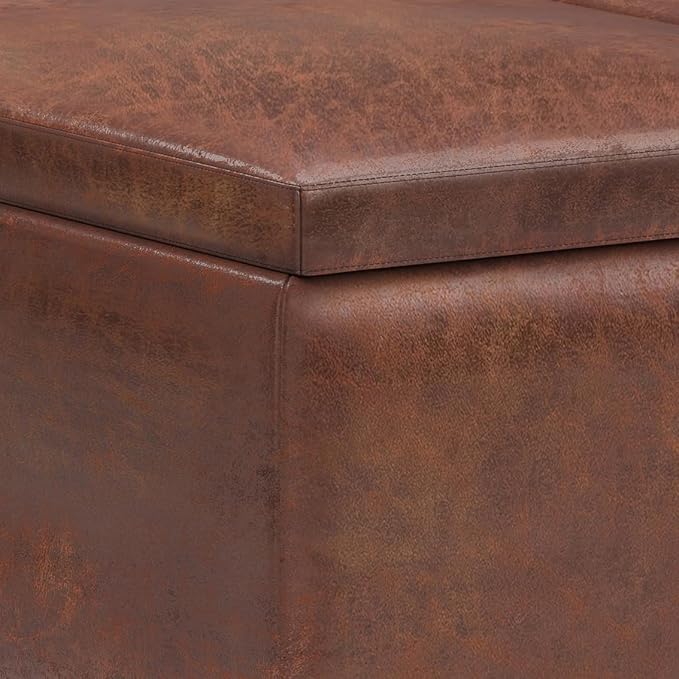 SIMPLIHOME Owen Tray Top Small Coffee Table Storage Ottoman - 34 inch Wide Upholstered Vegan Leather Rectangular Flip-Top Ottoman in Distressed Saddle Brown, Mid-Century Modern Ottoman for Living Room
