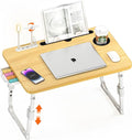 DECOSIS Laptop Bed Desk Height Adjustable, Bed Laptop Table with USB/Storage Drawer/Cup Holder/Tablet Stand/Book Shelf, Foldable Breakfast Tray Portable for Reading Writing, Bed, Sofa & Floor, Wood