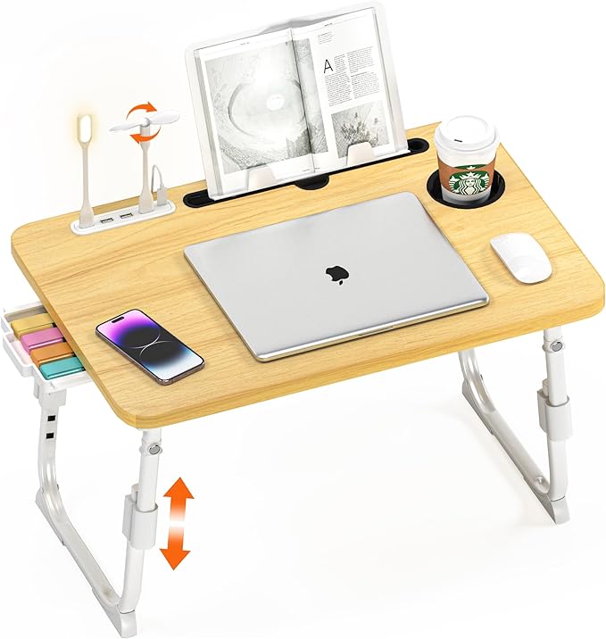 DECOSIS Laptop Bed Desk Height Adjustable, Bed Laptop Table with USB/Storage Drawer/Cup Holder/Tablet Stand/Book Shelf, Foldable Breakfast Tray Portable for Reading Writing, Bed, Sofa & Floor, Wood