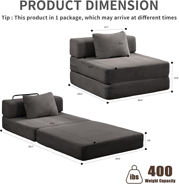 Folding Sofa Bed, Convertible Sleeper Chair with Pillow, Single Sofa with Back Support, Portable Fold Out Chair Cloud Couch Bed, Comfy Floor Sofa Lounge for Living Room Bedroom, Dark Grey
