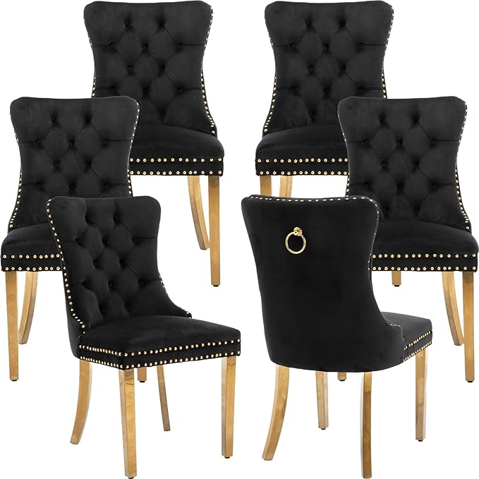 YeahFurn Mid Century Modern Dining Chairs Set of 6, Black Velvet Upholstered Tufted Back, Kitchen & Dining Room Chairs, Gold Metal Legs, Nailhead Trim, Sillas para Comedor (Black, 6 Pcs)